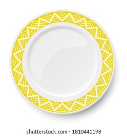 Yellow vector plate with white geometric pattern isolated on white background