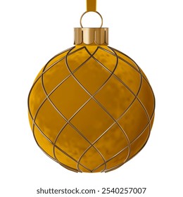 Yellow vector realistic velvet Christmas ball ornament. Festive bauble with gold crisscross diagonal decor, isolated on a white background.