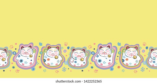 Yellow vector repeat bordern with happy maneki neko cat and pastel ornamental florals. Japan inspired pattern. Comic style. Perfect for paper and textile projects or events. Surface pattern design.