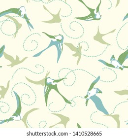 Yellow vector repeat pattern with graphic green and blue swift. Bird pattern. surface pattern design. Perfect for textile, gift wrapping and print projects.