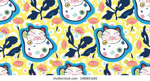 Yellow vector repeat pattern with happy maneki neko cat, pastel dot and pink folk art florals. Japan inspired pattern. Perfect for paper and textile projects or events.