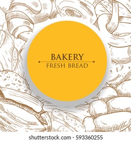 Yellow vector round frame on the background with sketch of bakery (loaf, bun, bread, pretzel, croissant, donut). Card, badge, banner, poster design with hand drawn food illustration.