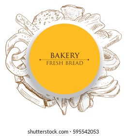 Yellow vector round frame with sketch of bakery (loaf, bun, bread, pretzel, croissant, donut).  Card, badge, banner, poster design with hand drawn food illustration.
