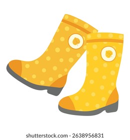 Yellow vector rubber boots decorated with polka dots and autumn leaves on white background