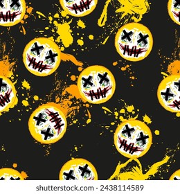 Yellow vector seamless pattern with creepy joker emoji, smile illustration. Editable layered art for t-shirts, cars, covers and wallpapers. concept graphic design element. Isolated on black background