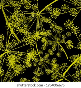 The Yellow vector seamless pattern of dill seeds is on a black background