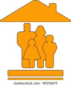 yellow vector sign with warm house and family silhouette