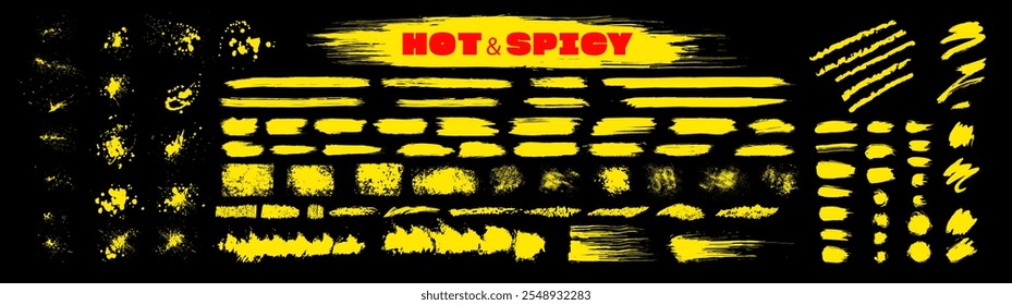 Yellow vector spicy food label bg. Crayon hand-drawn brushstrokes. Asian instant food package elements set. Brush marks, splatter sprinkles, pencil textures. Souce splatter, grainy strokes