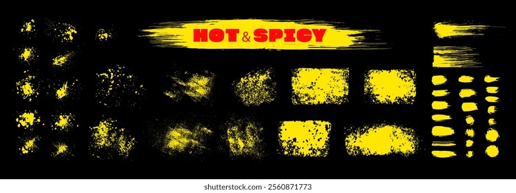 Yellow vector spicy food label bg. Crayon hand-drawn brushstrokes. Asian instant food package elements set. Brush marks, splatter sprinkles, pencil textures. Souce splatter, grainy strokes