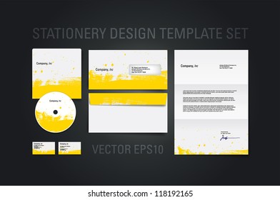 Yellow vector stationery design template set with hand painted brush strokes texture