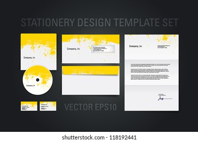 Yellow vector stationery design template set with hand painted brush strokes texture