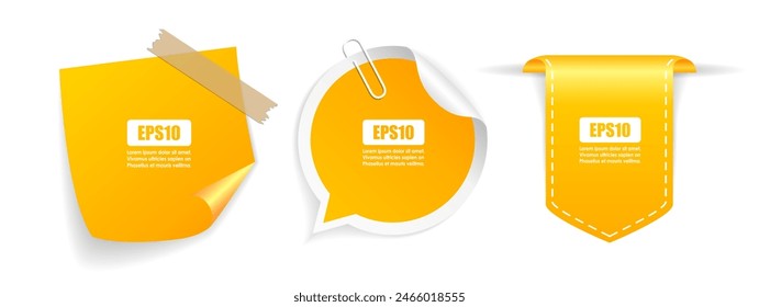 Yellow vector stickers set, blank adhesive note papers isolated on white background. Simple web design elements for business presentation or website