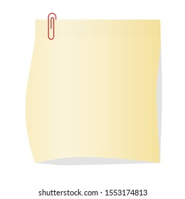 Yellow vector sticky note with paper clip. Template for your design.