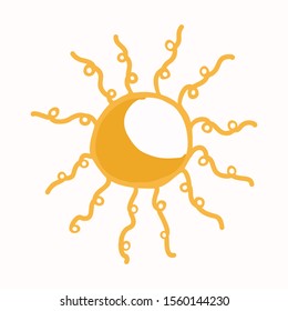 Yellow Vector Sun Clip Art. Summer Sunshine Icon. Hand Drawn Kawaii Kid Doodle Motif Illustration In Flat Color. Isolated Baby, Nursery and Childhood Doodle. Colorful Cute Yellow Sunrise.  EPS 10