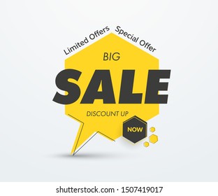 Yellow vector tag on the leg with big black sale text. Sticker template with black stroke and shadow. Banner