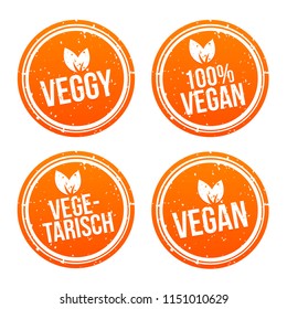 Yellow vegan Badge Set. German-Translation: Vegan Button und Vegetarisch Banner Set.