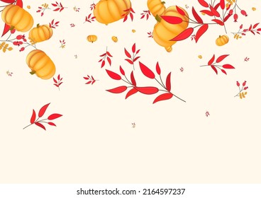 Yellow Vegetable Background Beige Vector. Plant October. Burgundy Wallpaper Template. Autumn Frame. Green Gourd Cute Set.