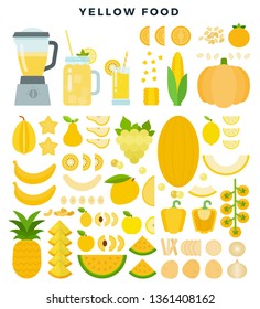 Yellow vegetables, fruits and juices, flat icon set. Fresh healthy organic food. Raw vegetarian dietary products. Vector illustration for restaurant menu, infographics, banners.