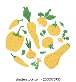 Yellow vegetables. Hand drawn doodle vegetables, squash, tomato, pepper vector illustration symbols set. Healthy lifestyle delicious vegetarian organic vitamins food