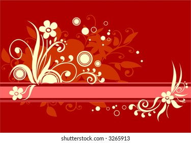 Yellow vegetative ornament with circles on a red background.
