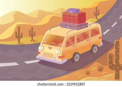 Yellow vehicle with baggage on top in a desert. Summer journey colorful vector illustration.