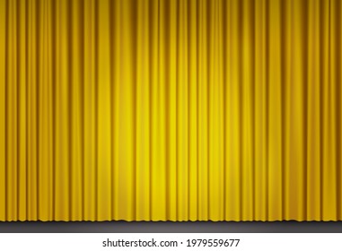 Yellow velvet curtain in theater or cinema. Vector background with spot of light on closed stage curtains of grand opera. Golden fabric drapes lit by searchlight