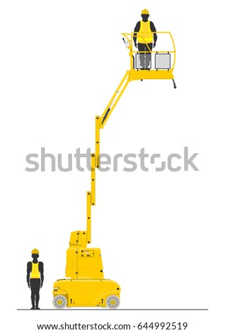 Yellow vertical mast lift. Side view. Flat vector.
