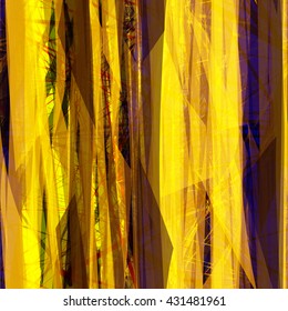 Yellow. Vertical strips of light and dark. Scratches and thin lines. Randomly mixed. Transparency, overlay, intersection. Abstract seamless background.