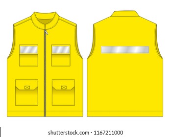 Yellow Vest Design Vector With Gray Raflective Tapes.Front And Back Views.