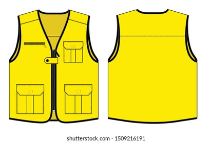 Yellow Vest with Multiple Pockets and Black Edging Design on White Background. Front and Back Views, Vector File