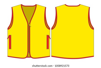 Yellow Vest with Red Edging and Two Pockets on White Background. Front and Back Views, Vector File