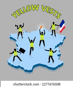 Yellow vests movement silhouettes ower France 3D map. All the objects, shadows and background are in different layers. 