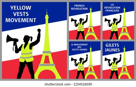 Yellow vests protest symbols with Eiffel Tower in Paris France. All the objects are in different layers and the text types do not need any font. 