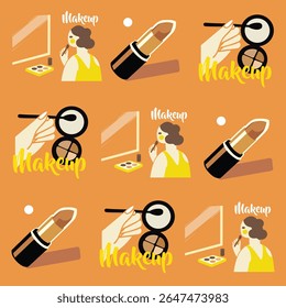 Yellow Vibrant pattern background with aesthetic makeup artist elements in flat vector style, perfect for beauty and cosmetics designs.