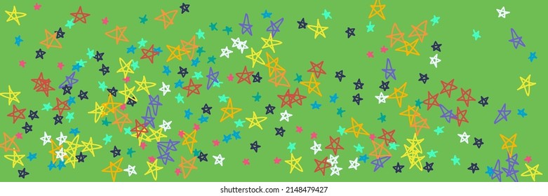 Yellow Vibrant Vivid Turquoise Mint Grey Chaotic Illustration. Orange Childish Blue Neon Kids Pink Naive Handdrawn Stars. Bright Chaotic Green White Red Purple Violet Stars Background.