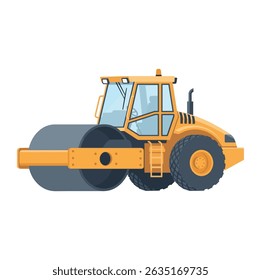 Yellow vibratory road roller with large front drum and rear tires, used for compacting soil and asphalt, isolated on white background.