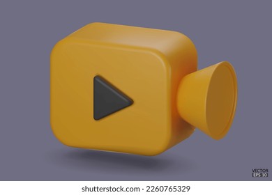 Gelbe Videokamera-Symbol einzeln auf Hintergrund. 3d Realistisches Filmsymbol, Spielknopf für die Schnittstelle von Anwendungen und Webseiten. Video, Streaming, Multimedia-Konzept. 3D-Vektorgrafik.