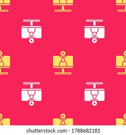 Yellow Video chat conference icon isolated seamless pattern on red background. Computer with video chat interface active session on screen.  Vector Illustration