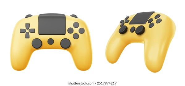 Joystick de controle de console de videogame amarelo. Realista vetor 3d ilustração conjunto de computador gamepad com paus e botões. Joypad de mão eletrônico. Controlador do jogador para lazer e entretenimento