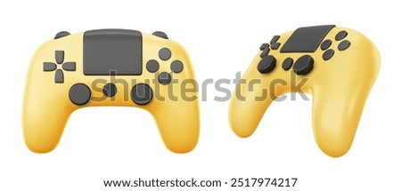 Yellow video game console control joystick. Realistic 3d vector illustration set of computer gamepad with sticks and buttons. Electronic hand joypad. Player controller for leisure and entertainment