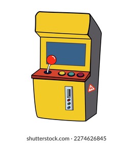 Yellow vintage arcade game machine cabinet with colorful controllers.