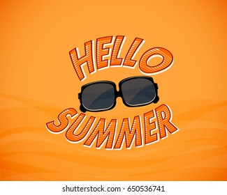 Yellow vintage background with hello summer and black sunglasses. Vector illustration
