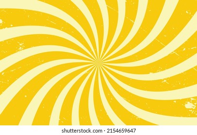 Yellow vintage background with stripes. Vector illustration with sun burst. Sunburst on horizontal retro background. Rotating spiral stripes.