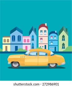 Yellow vintage car with day town background. Children and naive style.