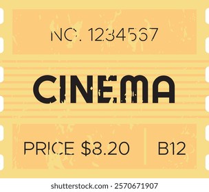 Yellow, vintage cinema ticket displaying price, number, and seat details, featuring a worn grunge texture, evokes nostalgia and invites viewers to relive the enchanting world of film