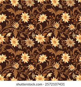Yellow vintage flowers seamless pattern retro with flowers and leaves. Hand drawn background. Floral pattern for fabric textile wallpaper.