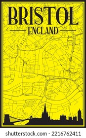 Yellow vintage hand-drawn printout streets network map of the downtown BRISTOL, ENGLAND with brown 3D city skyline and lettering