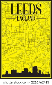 Yellow vintage hand-drawn printout streets network map of the downtown LEEDS, ENGLAND with brown 3D city skyline and lettering