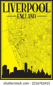 Yellow vintage hand-drawn printout streets network map of the downtown LIVERPOOL, ENGLAND with brown 3D city skyline and lettering