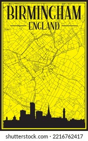 Yellow vintage hand-drawn printout streets network map of the downtown BIRMINGHAM, ENGLAND with brown 3D city skyline and lettering